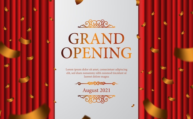 Vector red curtain stage luxury elegant grand opening with golden confetti banner