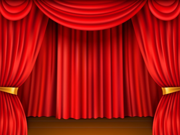 Red curtain stage. realistic scene framed red textile theater veils, velvet fabric, cinema hall decor, open heavy drapes. vector background