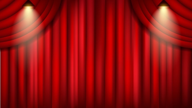 Vector red curtains cinema theater mockup template background with elegant curtains