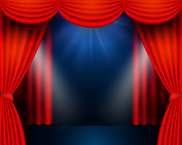 赤いカーテンは劇場のシーンに参加します。劇場の舞台、お祭り、お祝いの背景。輝く舞台照明