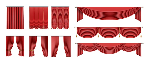 Red curtains set in classic style isolated on white background realistic d luxury vector illustration