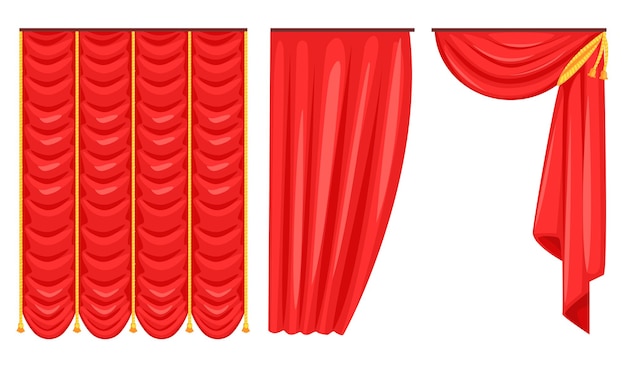 Red curtains set luxury interior drapery decoration elements vector illustration