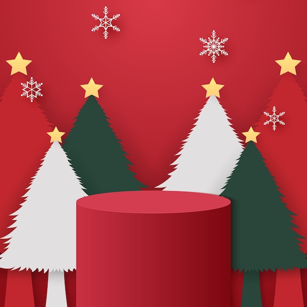 Red cylinder podium with Christmas tree and snowflake falling template mockup for event in paper art
