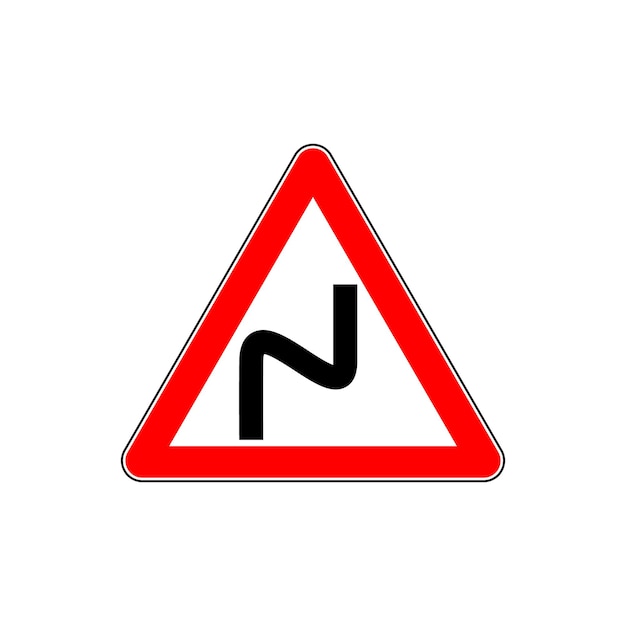 赤い危険な二重ターンサイン-白い背景で隔離の危険な三角形の道路標識