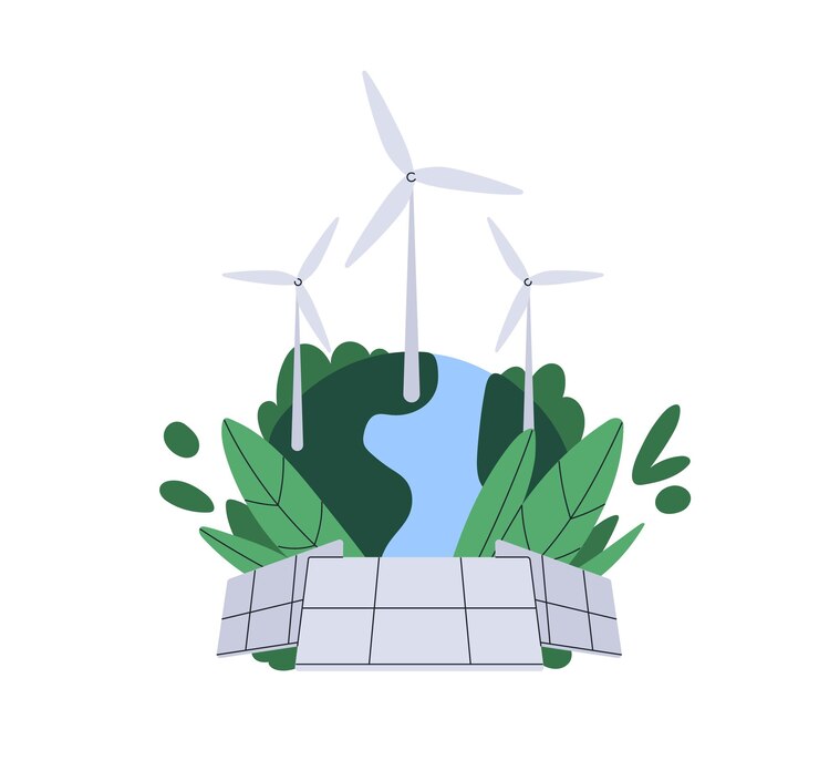 Vector red de aarde ecologie milieubescherming concept groene planeet duurzame ontwikkeling met hernieuwbare natuurlijke elektriciteit energiebronnen platte vector illustratie geïsoleerd op witte achtergrond