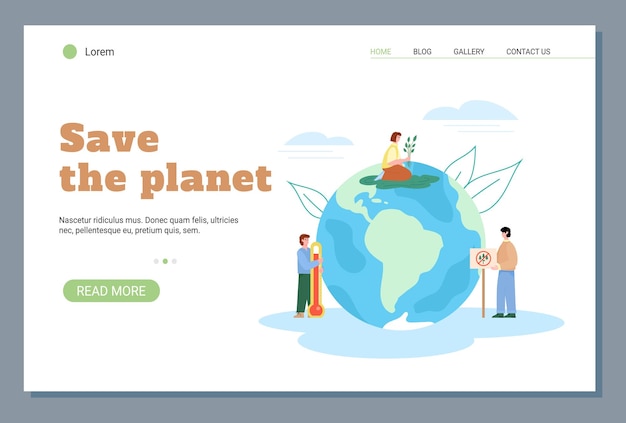 Red de planeet van de opwarming van de aarde website banner mockup platte vectorillustratie