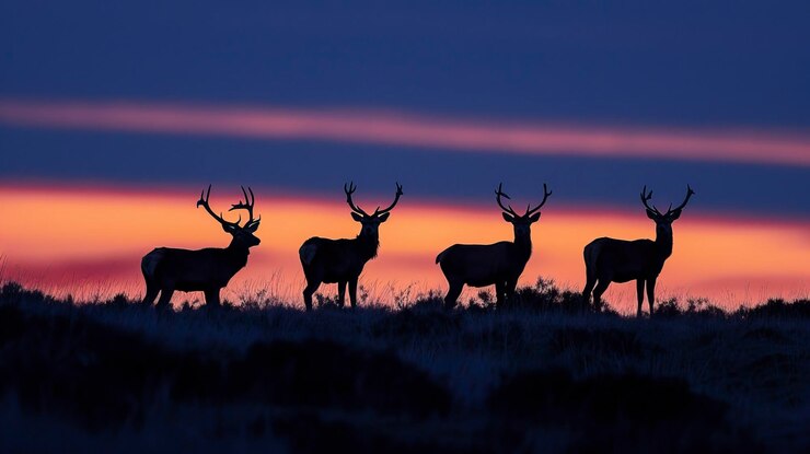 Vector red deer cervus elaphus at dusk silhouettes