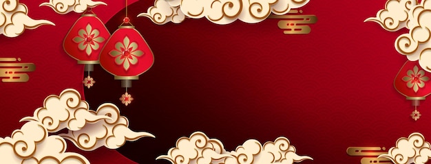 Red design with Asian pattern lanterns and clouds in paper art style