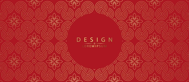 Vector red design with gold pattern and flowers round frame isolated