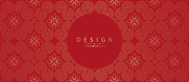 Vector red design with gold pattern and flowers round frame isolated