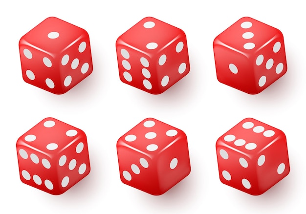 Vector red dice with white dots vector set isolated on white background 3d dice