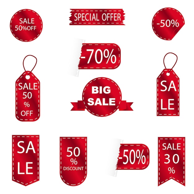 Red discount sale label set. Vector tag, promo sign, sticker with templates. Promo icons, collection of product sign layouts. Discount discounts on labels are 30, 50, 70 percent