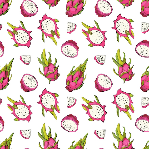 Red dragon fruit. Fruit seamless pattern with pitahaya. Design for fabric, textile, wallpaper