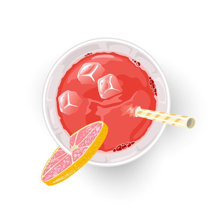 얼음 조각, 빨대로 유리 컵에 자몽 주스 및 기타 성분을 갓 짜낸 빨간 음료.