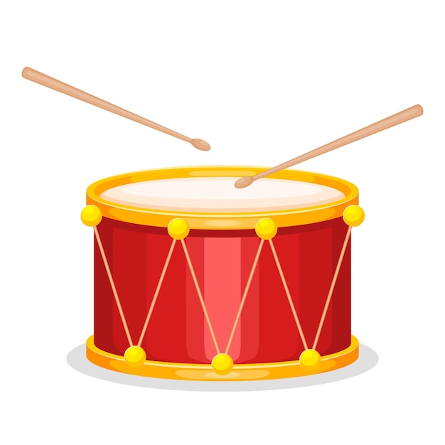 Red drum and wooden drumsticks Musical instrument drum machine Vector illustration cartoon flat i