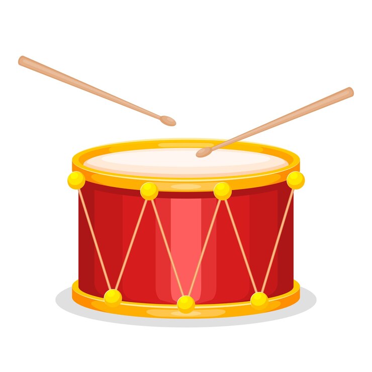 Vector red drum and wooden drumsticks musical instrument drum machine vector illustration cartoon flat i