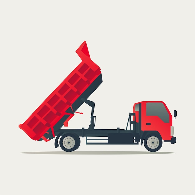 Red dump truck unloading side view illustration