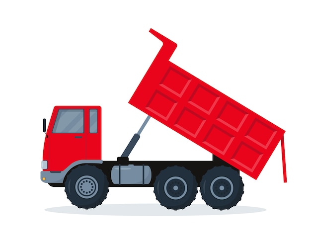 Vector red dump truck with open body isolated on white background.
