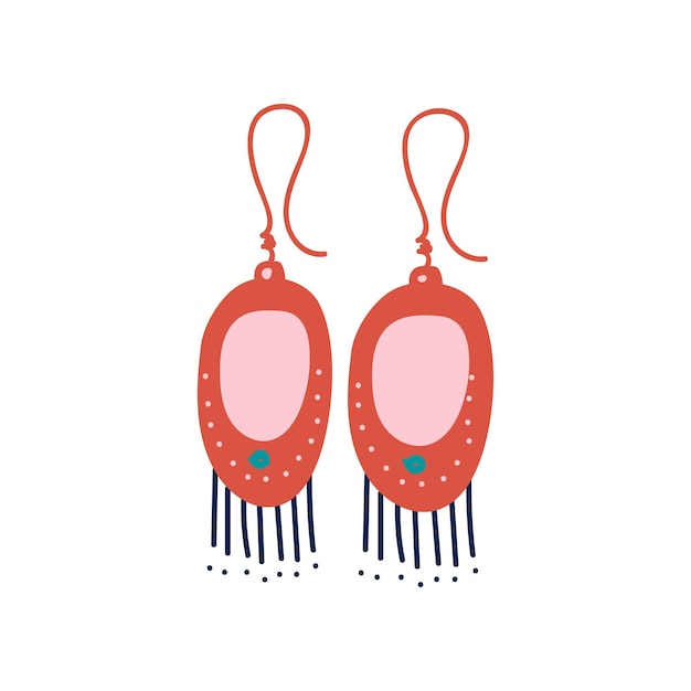 Red Earrings with Gemstones Fashion Jewelry Accessories with Tassels Vector Illustration on White Background