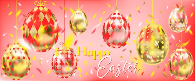 Red easter banner with golden eggs and confetti