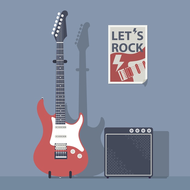 Vector red electric guitar with an amplifier