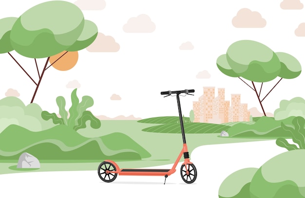 Red electric scooter in urban park flat illustration. scooter, modern personal transport in a city park