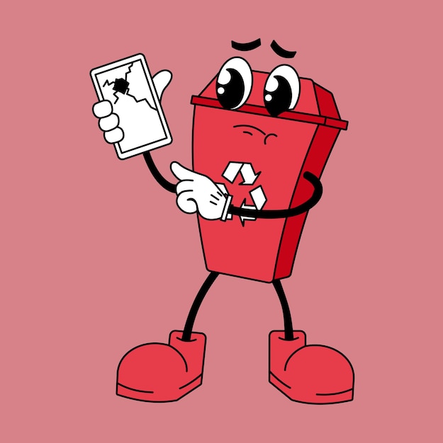 Red electronic recycling trash cartoon character illustration