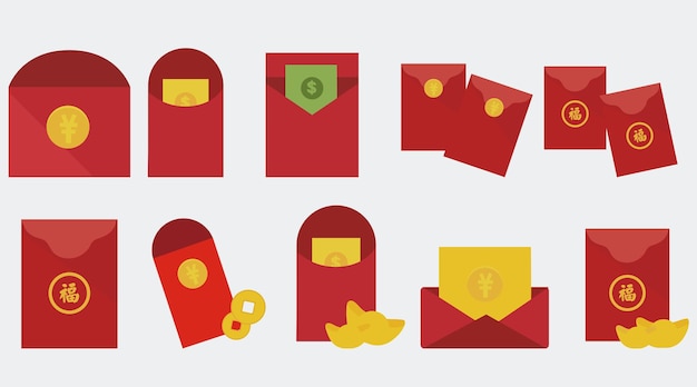red envelope stickers collection set cartoon style flat design premium vector