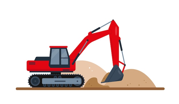 Red excavator digs soil. Construction machinery.