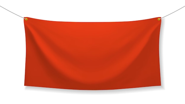 Вектор Красный тканевый баннер со складками и прозрачной тенью на белом фоне. пустой текстильный шаблон висит. пустой макет. векторная иллюстрация