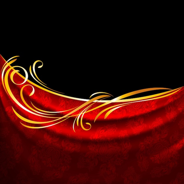 Red fabric drapes on black background, gold vignette