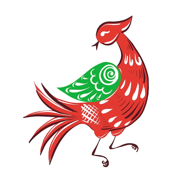 Red fabulous bird in folk style.Folk Gorodets print in Russian Style.Vector illustration.