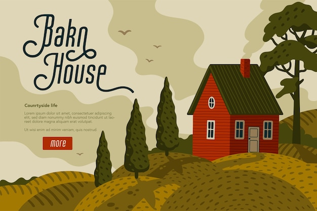 Vector red farm house. rural landscape with barn house in rustic style on green field with cypresses