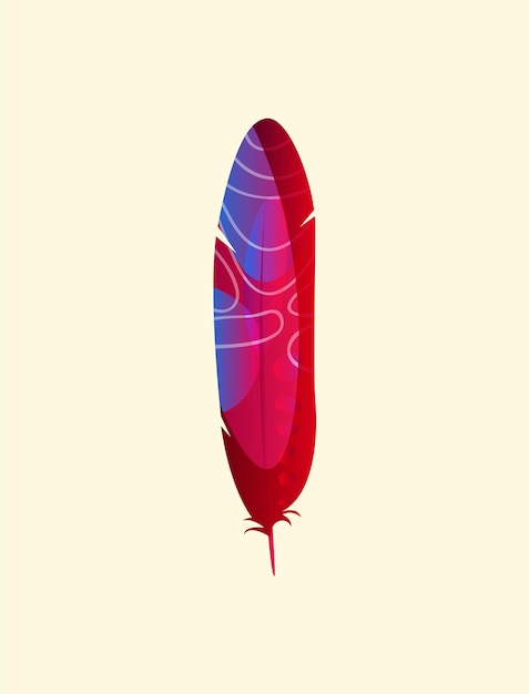 Vector a red feather with blue and purple colors is shown on a yellow background.