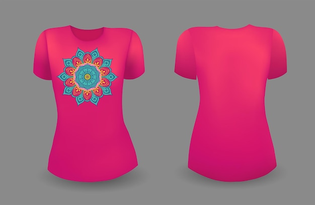 Modello realistico della maglietta femminile rossa con il vettore di vista anteriore e posteriore della mandala