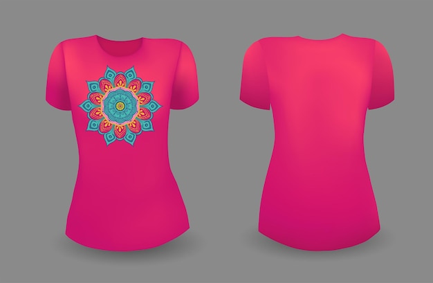 Red female t shirt realistic template with mandala front and back view vector