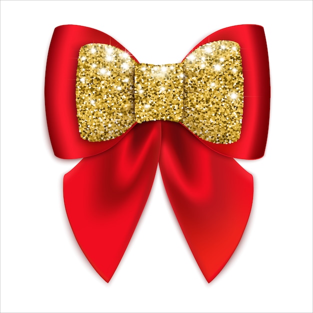 Red festive bow with golden decor. Isolated