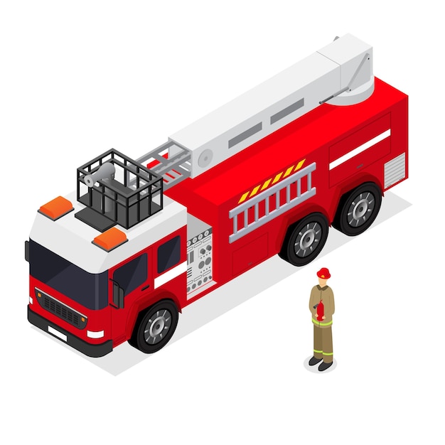 Red Fire Engine and Firefighter in Uniform Isometric View. Emergency Transport Auto.