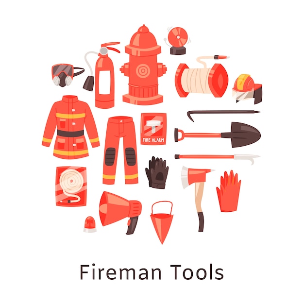 Red fire extinguisher and firefighters tools, uniform and equipment