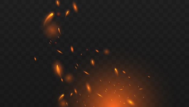 Red fire sparks vector flying up. burning glowing particles.