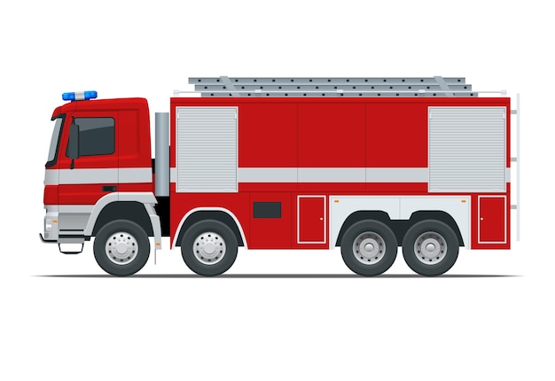 Vettore camion dei pompieri rosso, veicolo di emergenza. elemento di design dei vigili del fuoco. illustrazione vettoriale di vista laterale su sfondo bianco.