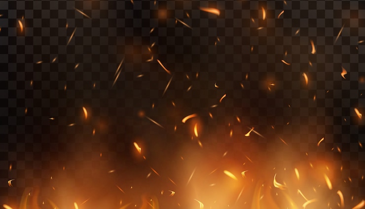 Vector red fire vonken opvliegende. brandende gloeiende deeltjes. vlam van vuur met vonken in de lucht tijdens een donkere nacht. firestorm textuur. geïsoleerd op een zwarte transparante achtergrond