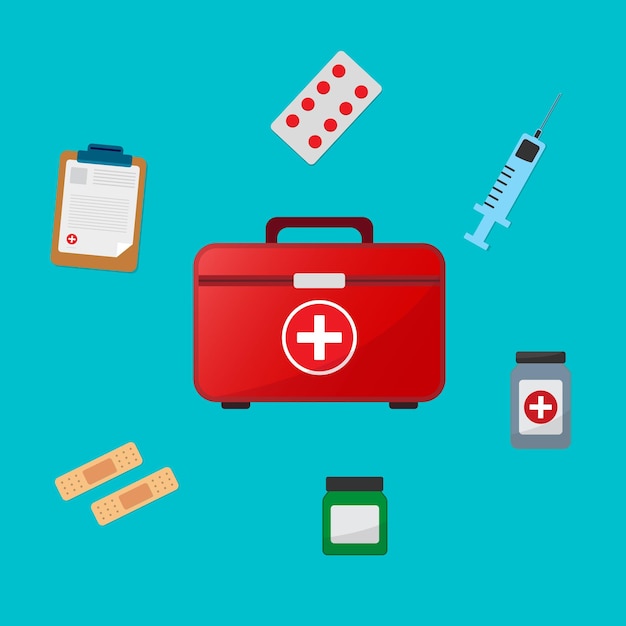 Red first aid kit with medical supplies on a blue background