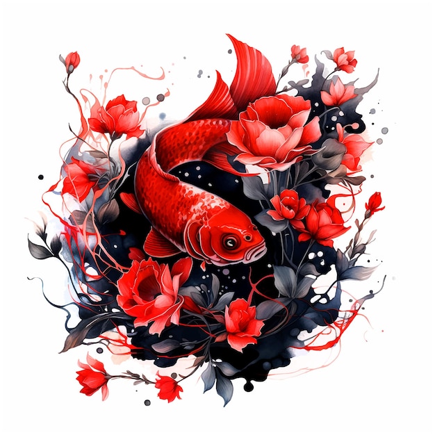 Red fish surrounded by red flowers watercolor paint