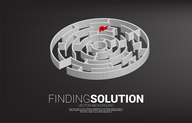 Vector red flag at center of circle maze. business concept for problem solving and marketing solution strategy