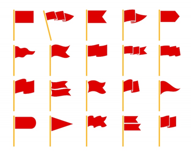 Красные флаги изолированы. флаг установлен на желтые значки посох набор векторных пиктограмм
