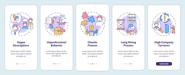Red flags in job interview onboarding mobile app screen Rude behavior walkthrough 5 steps graphic instructions pages with linear concepts UI UX GUI template Myriad ProBold Regular fonts used