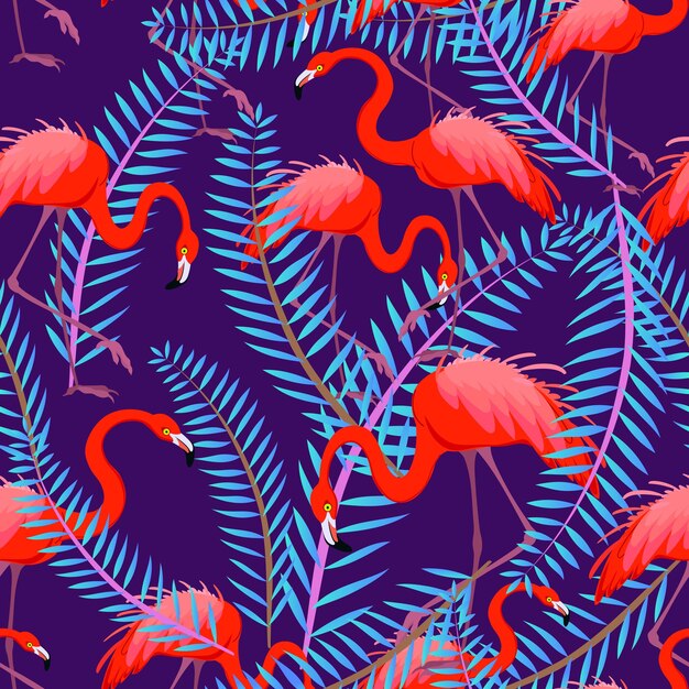 Red flamingos in the leaves exotic seamless pattern