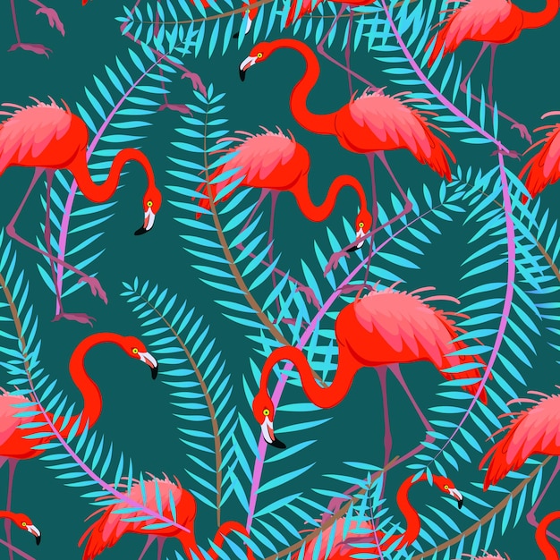 Red flamingos in the leaves Exotic seamless pattern