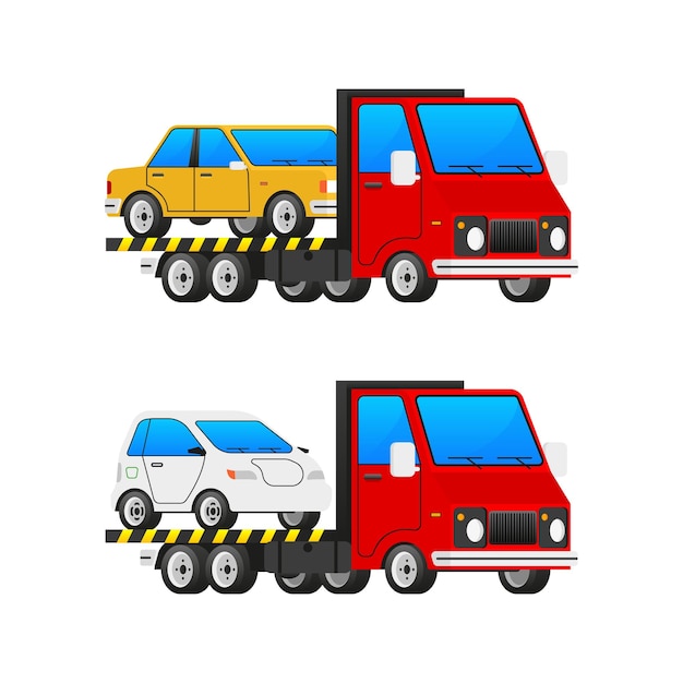 ベクトル 黄色と白の車を輸送する赤いフラットベッドの牽引車 ベクトルイラスト